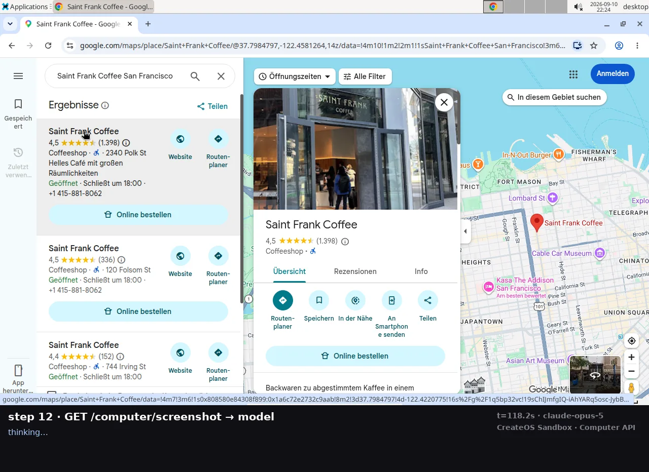 Demonstration frame: the Google Maps listing the model chose to read